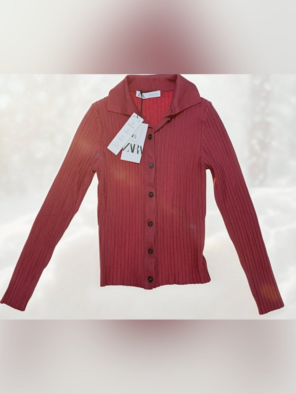 Zara Ribbed Button Front Collared Cardigan Top Rust Red NWT Fall Boho Preppy - Picture 3 of 5